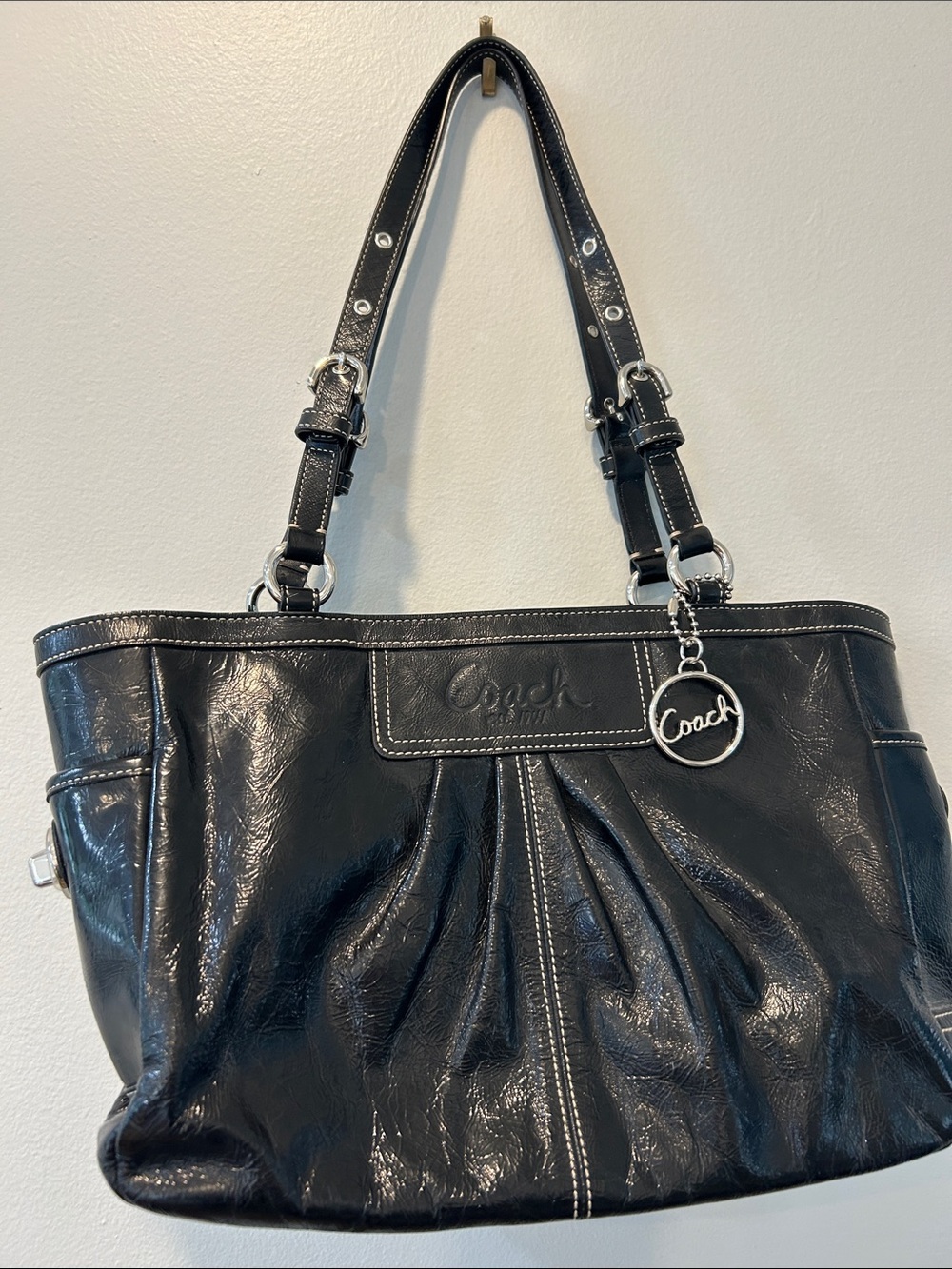 Coach Black Leather Shoulder Tote with Silver Charm